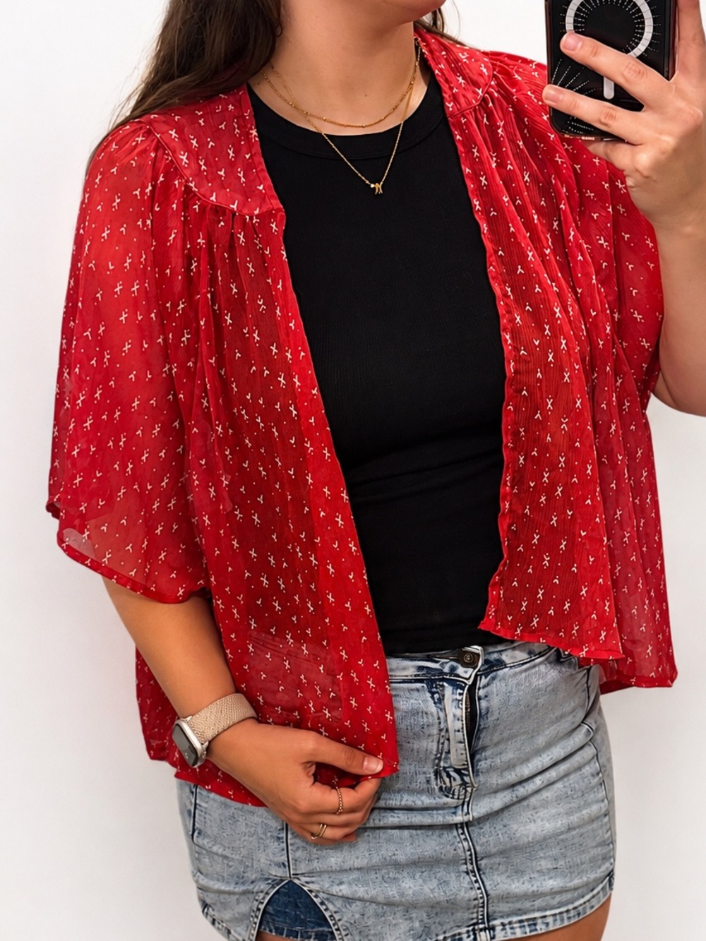 SO Red Sheer Printed Open-Front Camisole